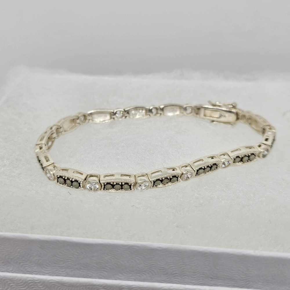 Sterling Silver Cubic Zirconia Accented Marcasite Crystal 7 1/4" Bracelet